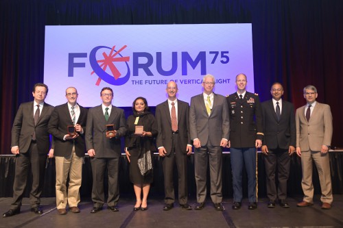 Howard Hughes Award, Advanced Chinook Rotor Blade Team, with R. Garavaglia and M. Hirschberg during the Forum 75 Grand Awards Banquet, Wednesday evening, May 15, 2019. (VFS photo by Kenneth I. Swartz. CC-BY-SA 4.0)