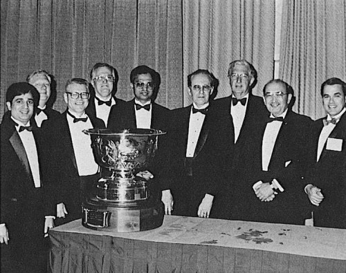The Howard Hughes Award won by the AHS/NASA Rotorcraft Noise Reduction team. In photo, members of the AHS/NASA Rotorcraft Noise Reduction team with the Howard Hughes Award. From left: Raj Shenoy, Otis Childress, Bob Huston, Ron Schlegel, D. S. Janakiram, Harry Sternfeld, John Ward, John Zugschwert and George Unger.

AHS (now VFS) 45th Annual Forum and Technology Display held May 22-24, 1989 at Boston, Massachusetts, USA