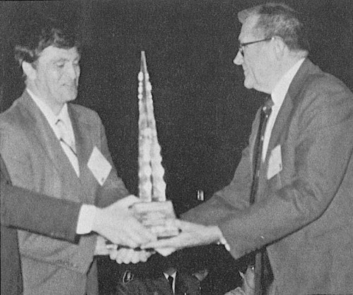 The Harry T. Jensen Award won by Roy Fox of Bell Helicopters Textron. In photo, AHS Board Chairman Bill Crawford presents  the award to Roy Fox (left).

AHS (now VFS) 45th Annual Forum and Technology Display held May 22-24, 1989 at Boston, Massachusetts, USA