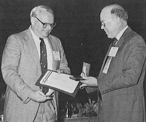 The Alexander A. Nikolsky Honorary Lectureship awarded to Charlie Crawford of the Georgia Tech Research Institute, for his Nikolsky Lecture on "Rotorcraft Analytical Improvements Needed to Reduce Developmental Risk." AHS Technical Chairman Thomas House recognizes Nikolsky Lecturer Charlie Crawford (left).
AHS (now VFS) 45th Annual Forum and Technology Display held May 22-24, 1989 at Boston, Massachusetts, USA