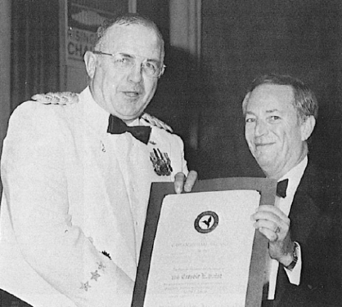 The Captain William J. Kossler Award presented to Lt. Gen. Crosbie E. Saint, US Army, for his role in expanding the capabilities of military aviation through integration of the AH-64A Apache into the combined arms team.

In photo, Lt. Gen. Donald Pihl (left) accepts William Kossler Award for Lt. Gen. Crosbie E. Saint from Chairman Norm Hirsh.  

Lt. Gen. Donald S. Pihl, U.S. Army, was later awarded an AHS Fellowship by Norm Hirsh at the awards ceremony.

AHS (now VFS) 44th Annual Forum and Technology Display, July 16-18, 1988 at Washington, D.C., USA