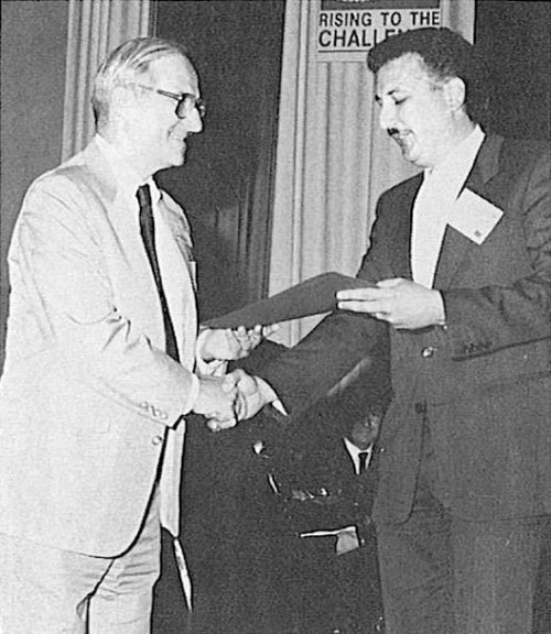 AHS Membership Chairman Arnold Brooks presents individual member award to Anthony Bruno, accepting on behalf of Don Heberling.

AHS (now VFS) 44th Annual Forum and Technology Display, July 16-18, 1988 at Washington, D.C., USA