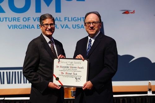 The 2025 Dr. Alexander Klemin Award winner was Dr. Michael Torok of Sikorsky, a Lockheed Martin Company (retired), and presented by VFS Chair of the Board Harry Nahatis (left) at the Forum 81 Grand Awards Banquet on Thursday, May 22, 2025. Forum 81 took place in Virginia Beach, Virginia, May 20–22, 2025. (Photo by Warren Liebmann CC BY-SA 4.0)